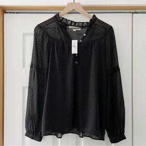 New LOFT Black Sheer Blouse with Mandarin Collar and Swiss Dot Medium
